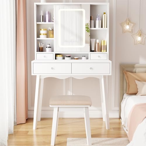 ANWBROAD Tocador de Maquillaje con luz y Taburete Blanco Tocador con Espejo Corredizo en 3 Colores Iluminación LED Tocador con Espejo y Luces Tocador para niñas BDT80W 80x40x137cm