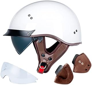 Myamis Half Helmet Motorcycle Men Women Adults Dot Approved Vintage Half Face Helmet with Additional Clear Visor and Ear Pads MH107 (L, Glossy White+Clear Visor+Ear Pads)