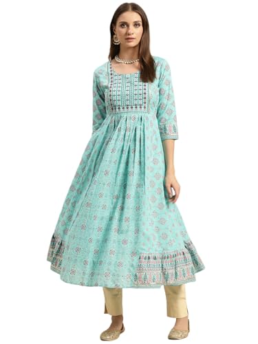 Image of rangita Light Blue Cotton Calf Length Printed Anarkali Kurti for Women | Kurta for Women