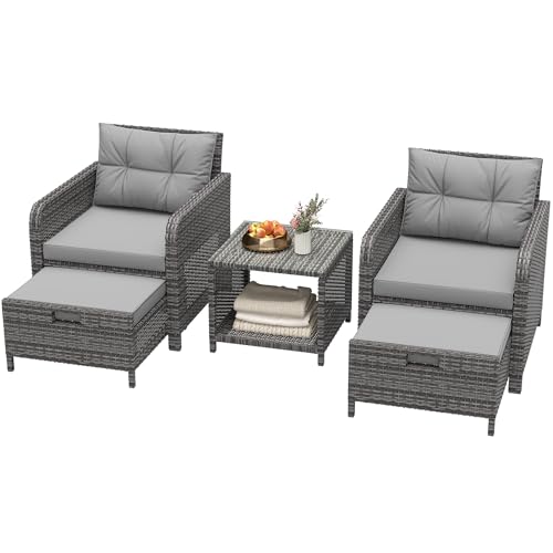 LHBcraft Balcony Furniture 5 Piece Wicker Patio Furniture Set, Outdoor Hand-Woven Rattan Lounge Chairs with Tempered Glass Coffee Table, Ottomans & Soft Cushions for Front Porch, Garden, Grey