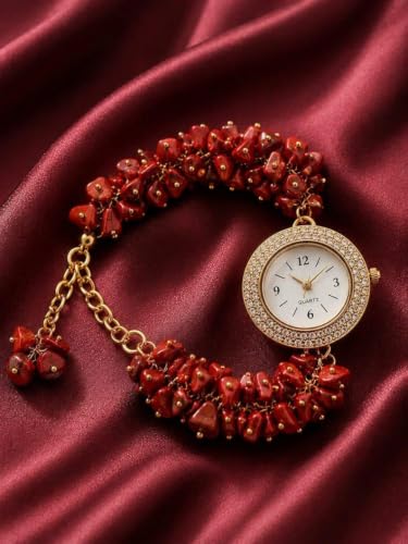 Image of ARKN Crystal Bracelet Watch for Women | Natural Gemstone Beaded Wrist Watch | Gold-Tone Dial with Rhinestone Bezel | Adjustable Fashion Jewellery Gift for Women & Girls