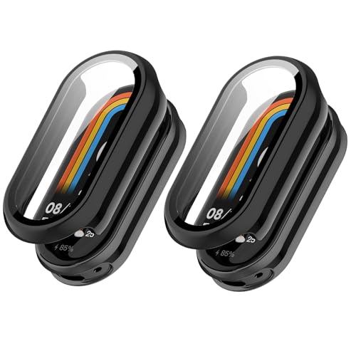 2 Pack Custodia Compatibile con Xiaomi Smart Band 9 Mi Band 9 PC Cover Rigida con Vetro Temperato Protezione di Schermo Durezza 9H Case per Mi Band 9 - + nero
