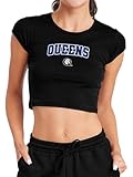 Campus Lab Queens University of Charlotte Arch Logo Black Women's Cap Sleeve Baby Rib Crop Top, Black, X-Large