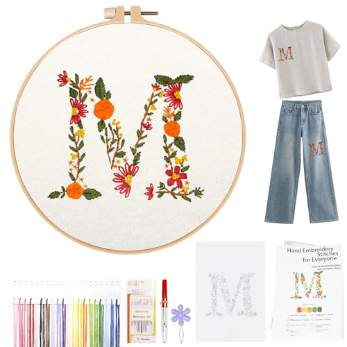Image of Topapfo Letter M Stick and Stitch Embroidery Kit for Clothes, Beginners Alphabet Embroidery Pattern Water Solauble for Adults Clothing Jeans T-Shirts Tote Bags Crafts