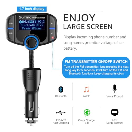 image for Sumind Upgraded Bluetooth FM Transmitter, Wireless Radio Adapter Hands