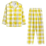 Schlafanzüge Für Damen Frauen Home Einfarbig/Drucken Langarm Pyjama Set Herbst Winter Flanell Schlafanzug Mit Knopfleiste Seidenschlafanzug Seide(2-Yellow,XL)