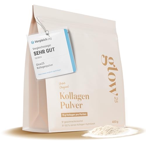 Glow25® Collagen Pulver [500g] - Weidehaltung - Bioaktives Kollagen Hydrolysat - Peptide Typ 1, 2 und 3 - Geschmacksneutral - Perfekte Löslichkeit - Frei von Hormonen und Antibiotika