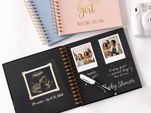 Image of Personalized Baby Shower Guest Book Polraroid Boy Girl First Birthday Custom Photo Album Scrapbook to Sign with Instax Photos Fits 4x6 or 5x7 Pictures Ultrasound Keepsake (Blue, Small - 8.3x8.3)