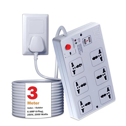 Image of MX 6-Outlet Power Strip with 2 USB Ports, Universal Socket, 3m Extension Cord, International Sockets, Master Switch, Multi-Plug Extension Board for Home & Office(5V 2400mA)