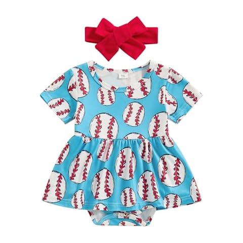 Youweixiong Infant Baby Girl Baseball Outfit Short Sleeve Sports Romper Dress Skirt Bodysuit A-Line Princess Dresses One-Piece Summer Clothes with Headband (Blue, 18-24 Months) Cover