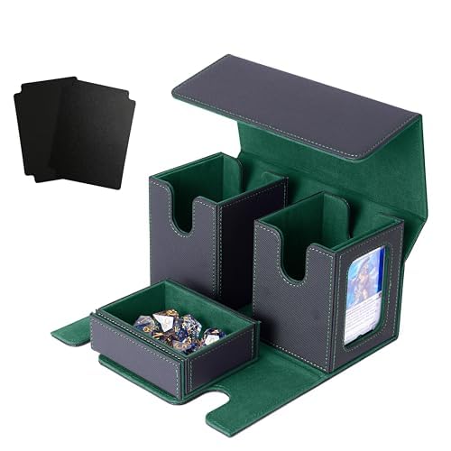 デッキケース トレカケース ハンドル付き カードディスプレイウィンドウ 200枚 3in1 二重 三重スリーブ対応 仕切りカード4つとトップローダー2つ付き 革 持ち運び(黒内装緑)