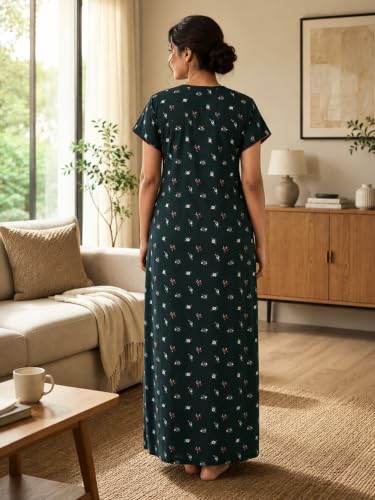 Image of 9shines Label Stylish Bamboo Cotton Nighty Maxi for Women | Full Length Trendy Nightgown | Premium Nightdress | Nightwear | Embroidery Nighty with Pocket (9666)