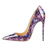 EDEFS Scarpe Pronte da Indossare con Tacco a Spillo 12 cm Donna in Pelle Verniciata a Punta Chiusa Stile Sensuale Floreale Viola EU39