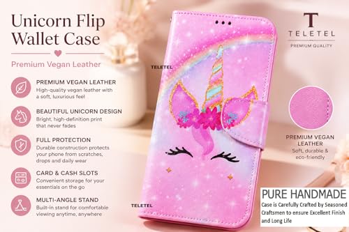 Image of TELETEL Unicorn Magnetic Closure Flip Shock Proof Back Cover with Cards & Cash Pockets | Wallet Case - Pink for Vivo V50 5G