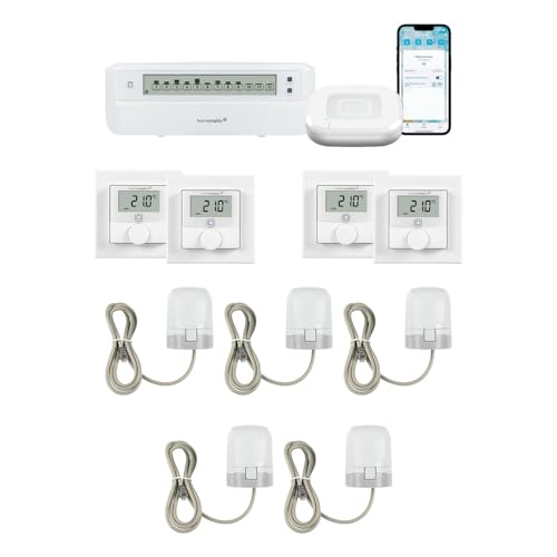 Homematic IP Motorische Fußbodenheizungssteuerung für 4 Räume. Smart Home Set: Access Point, 4 Funk Wandthermostate, 5 Stellantriebe und 1 Fußbodenheizungsaktor. Mit App und Alexa kompatibel.