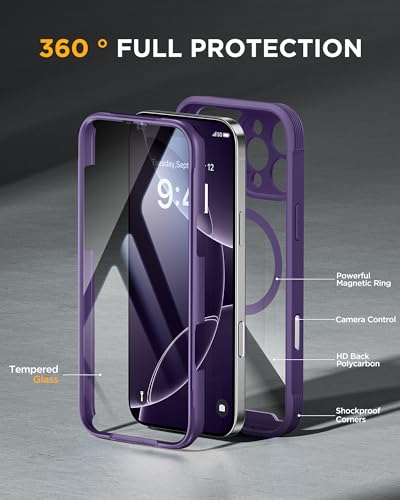 Image of Miracase Designed for iPhone 16 Pro Max Case 6.9'' [Compatible with MagSafe] Full-Body Phone case with Built-in Glass Screen Protector,Drop Proof 16 Pro Max Cover, Purple