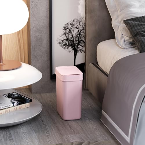 Image of iTouchless 3 Gallon Sensor Pink Bathroom Trash Can, 10 Liter Small Touchless Smart Slim Bedroom Garbage Waste Basket Bin with Motion Lid