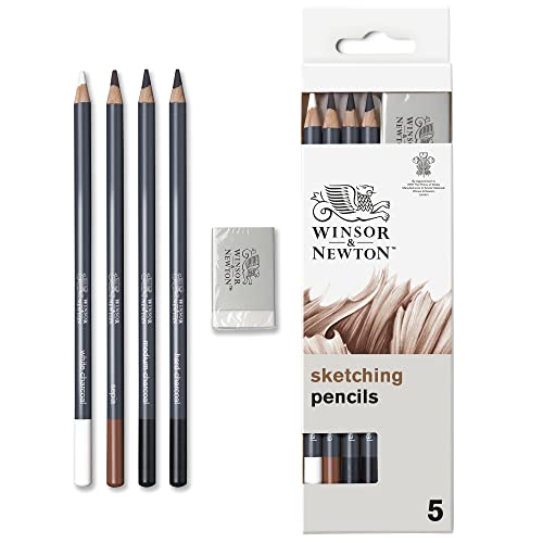 Winsor & Newton 0490009 Zestaw ołówków do rysowania – 4 ołówki do szkicowania w kolorze białym grafitowym, sepia, średni węgiel drzewny, miękki węgiel drzewny, 1 sztuka (1 szt.)