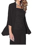 Women's Chiffon Pants Suits with Sleeves 3 Pieces Plus Size Lace Long Jacket Black Mother of The Bri