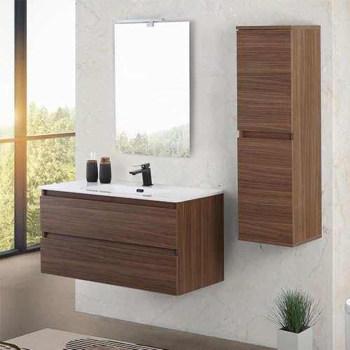Inbagno Mobile bagno sospeso 100 cm noce canaletto con 2 cassetti soft-close, lavabo in ceramica e specchio reversibile 60x80 cm, KLEO