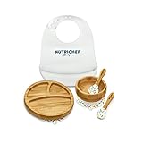NutriChef Baby and Toddler, 3 compartment plate, bowl, and spoon feeding set- silicon suction, Non-toxic all natural Bamboo baby food plate with silicon bib