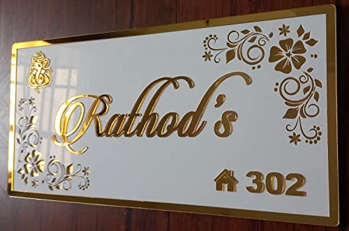 Image of Aarushi Creations Personalized Signage Home Door Name Plate 3 Year Warranty - Acrylic With Acrylic Embossed Letters With Mirror Shine 0319B (16 X 8 Inch), White