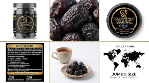 Image of Golden Dessert Global Ajwa Jumbo Khajoor Premium Dates | Natural Seeded Ajwa Dates | Rich in Nutrition | Fresh & Hygienically Packed Soft & Nutritious Arabian Dry Fruit | Healthy Snack for Fasting, Gifting & Daily Consumption (Pack of 2)