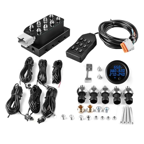 12V Solenoid Valve Air Ride Suspension manifold 8-Valve With 5M 9-switch Wired Remote Controller, equipped with five display air pressure gauge blue