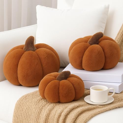 3 Pcs Pumpkin Pillows Plush Fall 3D Pumpkin Shaped Pillows Decora...