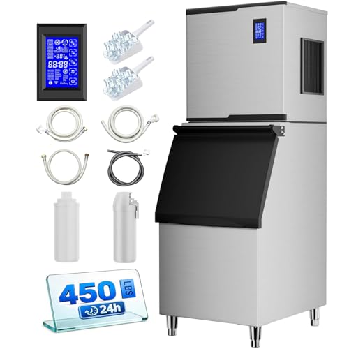 Image of Coolake Commercial Ice Maker Machine 450lbs /24h, Industrial Ice Machine with 350 lbs Storage, Self-Cleaning LCD Panel Stainless Steel Freestanding Ice Maker for Party Bar Office Business, ETL Approval