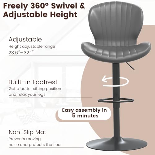 Image of Waleaf Modern Adjustable Bar Stools Set of 4, Faux Leather Upholstered Swivel Counter Stools, Counter Height Bar Stools with Large Base, Easy 5 Minute Assembly for Kitchen Island