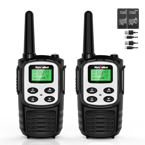 Image of MaxTalker Walkie Talkies Long Range, FRS Two Way Radio (2-Pack, White) | Rechargeable 1200mAh USB-C walkie talkie with NOAA, LED flashlight & VOX, Ideal for hiking, camping