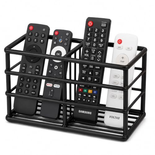 Image of Craft Mshopr Black Iron Remote Control Holder Rack, 2 Compartment TV Remote Organizer, Tabletop Remote Storage Stand for Living Room, Bedroom, Desk & Bedside, 6.75 x 3.25 x 4.5 Inches