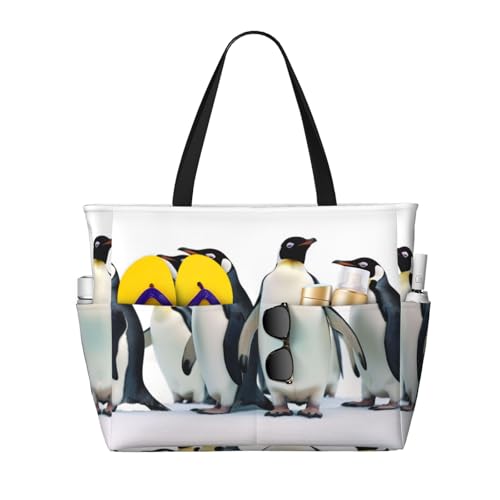 Penguins Beach Bags For Women Large Waterproof Sandproof Beach Tote Bag Pool Bag Lightweight Zipper Carry On Bags For Gym Travel Vocation