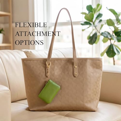 Image of Full Grain Leather Coin Purse with Key Chain - Small Change Purse Keychain Card Holder Keychain Pouch Small Keychain Wallet for Women and Men (Grass Green)