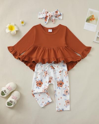 Kucnuzki 18 Months Girl Clothes Baby Girl Winter Fall Outfit Long Sleeve Dark Brown Top Shirt Floral Pant Cute 2T Toddler Clothes 18-24 Months