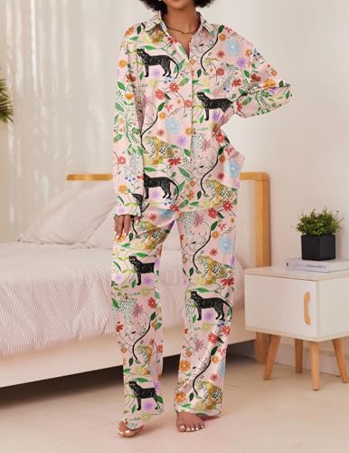 Ekouaer Womens Satin Silky Pajama Set 2 Piece Print PJs Soft Loungewear Button Down Sleepwear with Elastic Waist Long Pants