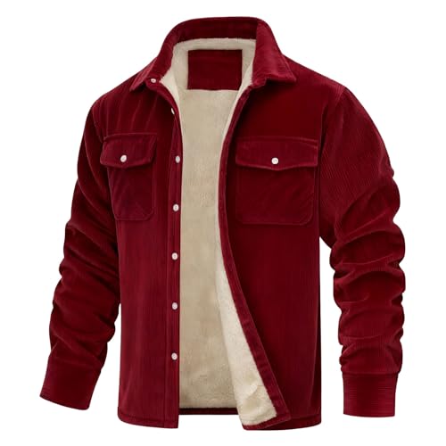 Mens Corduroy Jacket Sherpa Lined Fleece Trucker Jackets Winter Coat Warm Thick Jacket for Casual Work Cargo Outerwear Wine-M
