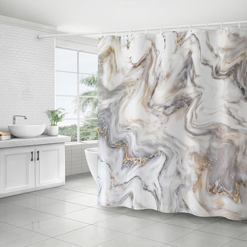 FAIRYGATE Wet Room Shower Curtain Bathroom Waterproof Anti Mould Mildew Resistant Heavy Duty 100% Polyester Fabric Curtains Liner with 12 Curtain Hooks 180cm x 180cm Grey & White B8911