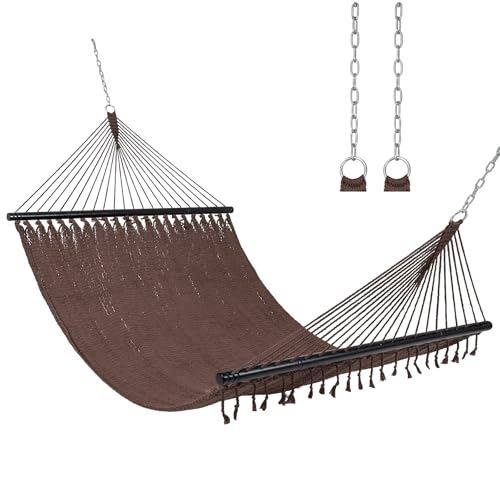 Costway Caribbean Hammock for Outside, 305 cm Double Hammock with Spreader Bar, 2-Person Soft-Spun Polyester Rope Woven Hanging Bed for Patio, Poolside, 272 kg Max Load (Brown)