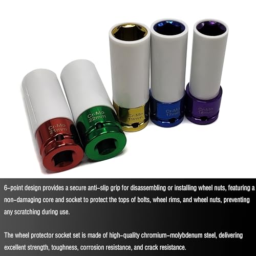 Image of 5PCS 1 /2 inch Drive Impact Lug Nut Socket Set, Lug Nut Impact Socket | 15 17 19 21 22mm, 6 Point, Non-Marring, Thin Wall, Deep Socket, Wheel Protector, Protective Socket, Color-Coded, Cr-Mo Steel