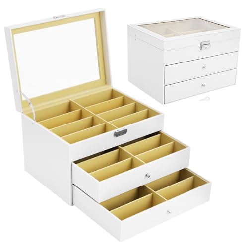 ZERNEIL 24 Slots Eyeglasses Display Case, 4 layer Lockable Sunglass Glasses Display Drawer with Key, Sunglasses Organizer Collector Eyewear Display Case(34×25×19cm)