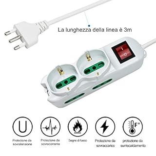 Extrastar Ciabatta Multipresa elettrica 6 Posti 2 polivalenti (schuko 10/16A) 4 bivalenti 10/16A, Colore bianco, Cavo 3 m - Spina 16A
