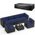 SUNCROWN 8-Piece Outdoor Patio Furniture Sofa Set All-Weather Wicker Sectional Conversation Set with Modern Glass Coffee Table, Cushions and Waterproof Cover, Dark Blue