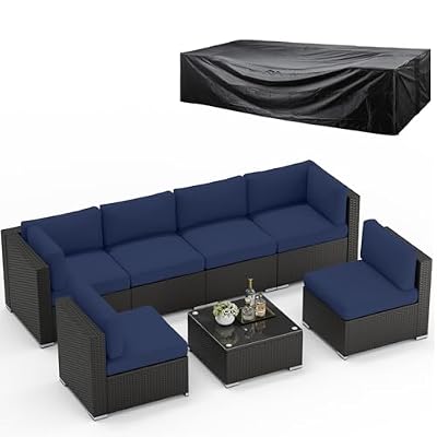 SUNCROWN 8-Piece Outdoor Patio Furniture Sofa Set All-Weather Wicker Sectional Conversation Set with Modern Glass Coffee Table, Cushions and Waterproof Cover, Dark Blue