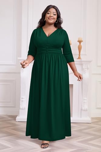 Image of Runwind Plus Size Maxi Dress 3 /4 Sleeve V-Neck Pleated Faux Buttons Pockets | Plus size dress for wedding guest, work, church, pleated front faux buttons, flowy maxi dress enhances elegance