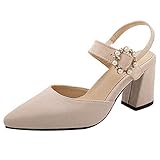  SUCREVEN Sandalias con Tacón para Mujer Causal Tacón Ancho Sandalias Puntiagudo Vestido Zapatos Tacón Alto Fiesta Sandalias Beige Talla 33 EU