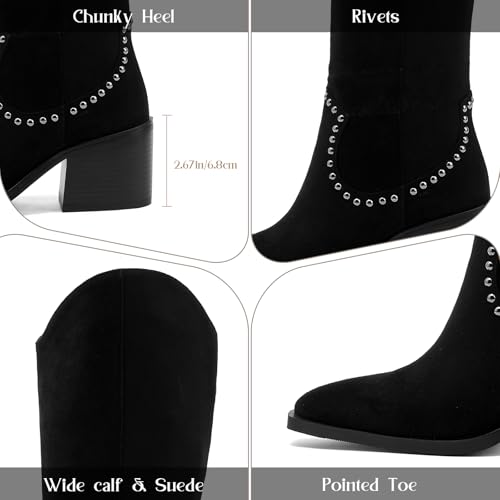 Image of GOSERCE Suede Knee High Boots for Women Pointed Toe Chunky Heel Tall Fall Boots Side Zipper with stud Details Black 10.5