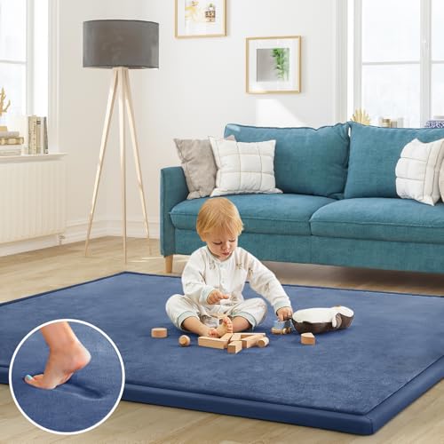 Image of ILPEOD Baby Play Mat for Floor Nursery Rug Muscle Mat Area Rug Playroom Rug 59"x79" Playpen Mat Memory Foam 1.3" Thick Crawling Mat for Babies,Toddlers, Infants, Kids,Sapphire Blue
