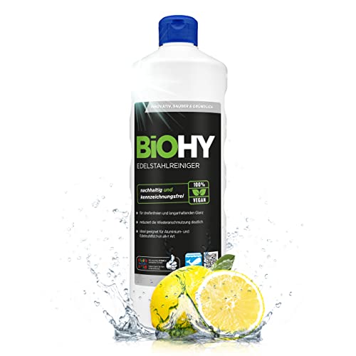 BiOHY Edelstahlreiniger (1l Flasche) | Edelstahlpflege für streifenfreien Glanz | ideal für Küche, Töpfe oder Grill | Edelstahl reinigen in Gastronomie & Haushalt pflegendes Putzmittel Cover